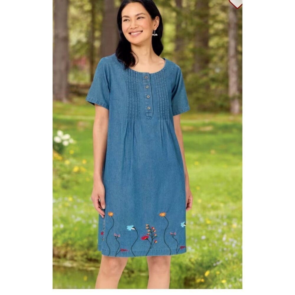 Vermont Country Store L denim Floral Embroidered cottagecore pintuck mini dress